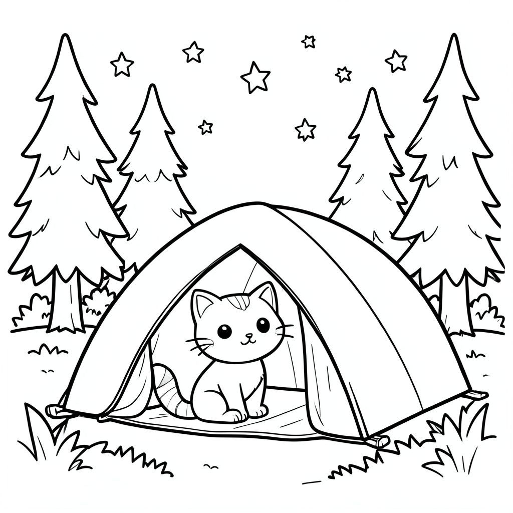 Kawaii cat camping in a forest, tent, stars in sky, vector style, black and white, coloring book page, no shading, thick clean outlines, white background