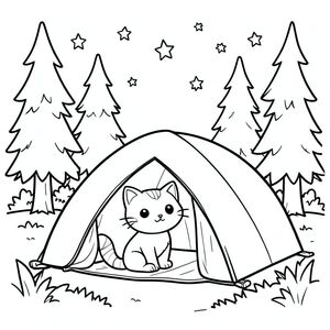 Kawaii cat camping in a forest, tent, stars in sky, vector style, black and white, coloring book page, no shading, thick clean outlines, white background