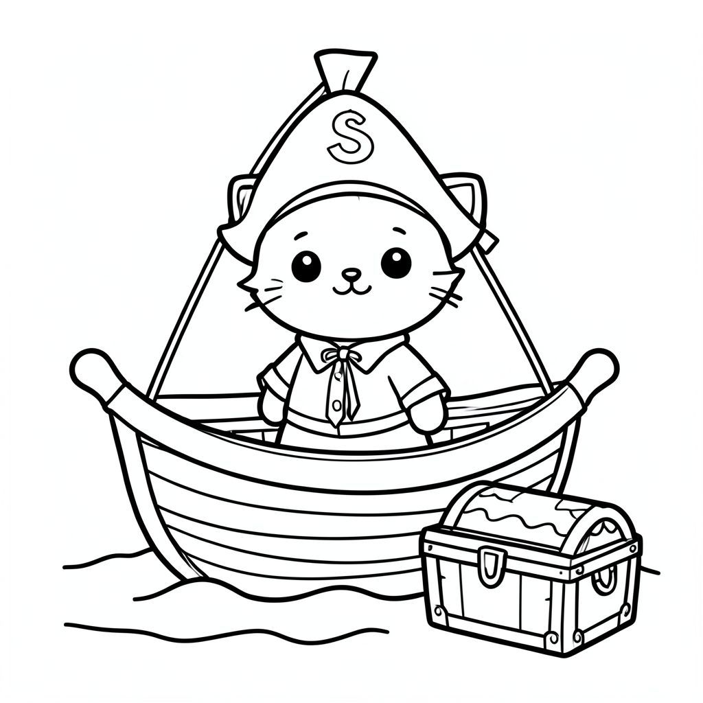 Cat dressed as a pirate sailing a small boat, treasure chest nearby, kawaii style, vector style, black and white, coloring book page, no shading, thick clean outlines, white background