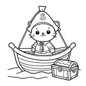 Cat dressed as a pirate sailing a small boat, treasure chest nearby, kawaii style, vector style, black and white, coloring book page, no shading, thick clean outlines, white background