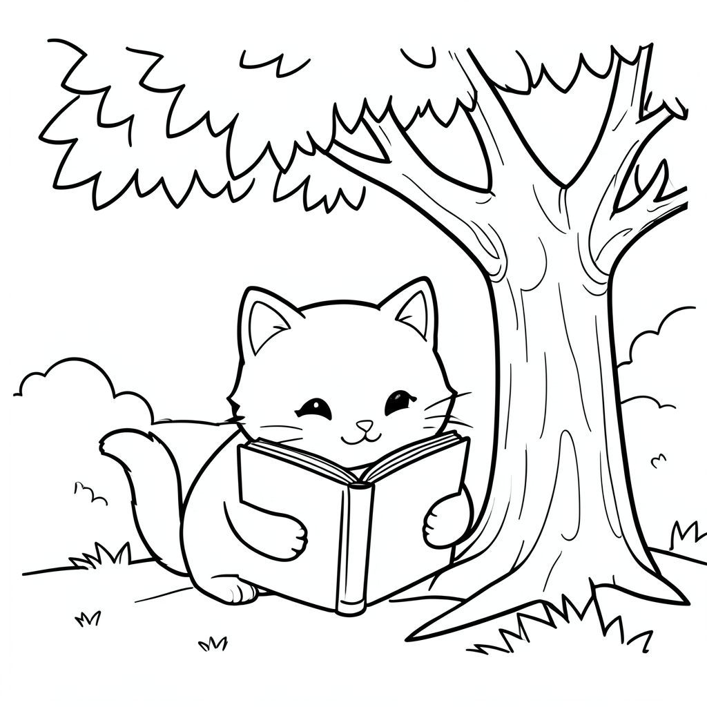 Cute cat reading a book under a tree, peaceful scene, vector style, black and white, coloring book page, no shading, thick clean outlines, white background