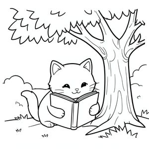 Cute cat reading a book under a tree, peaceful scene, vector style, black and white, coloring book page, no shading, thick clean outlines, white background