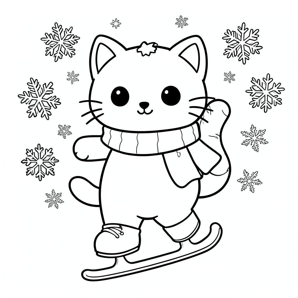 Kawaii cat ice skating in winter, snowflakes, scarf, vector style, black and white, coloring book page, no shading, thick clean outlines, white background