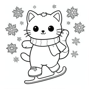 Kawaii cat ice skating in winter, snowflakes, scarf, vector style, black and white, coloring book page, no shading, thick clean outlines, white background