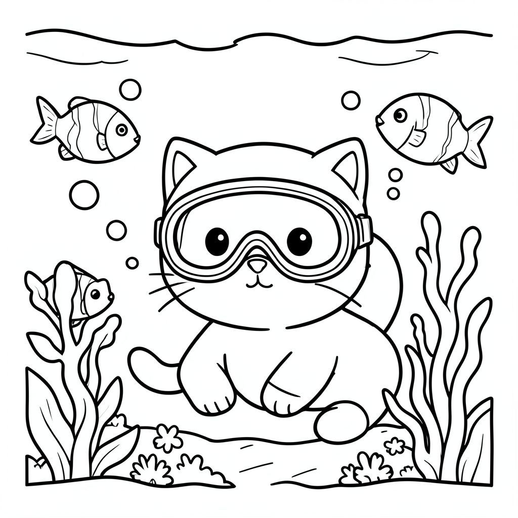 Cat exploring underwater with fish and bubbles, wearing diving mask, kawaii style, vector style, black and white, coloring book page, no shading, thick clean outlines, white background