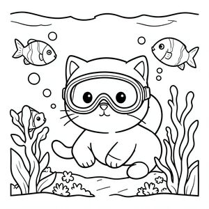 Cat exploring underwater with fish and bubbles, wearing diving mask, kawaii style, vector style, black and white, coloring book page, no shading, thick clean outlines, white background