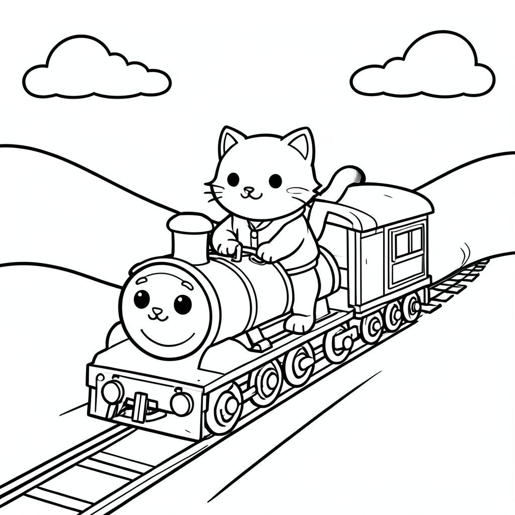 Cute cat riding a train through hills, simple shapes, vector style, black and white, coloring book page, no shading, thick clean outlines, white background
