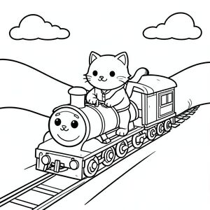 Cute cat riding a train through hills, simple shapes, vector style, black and white, coloring book page, no shading, thick clean outlines, white background
