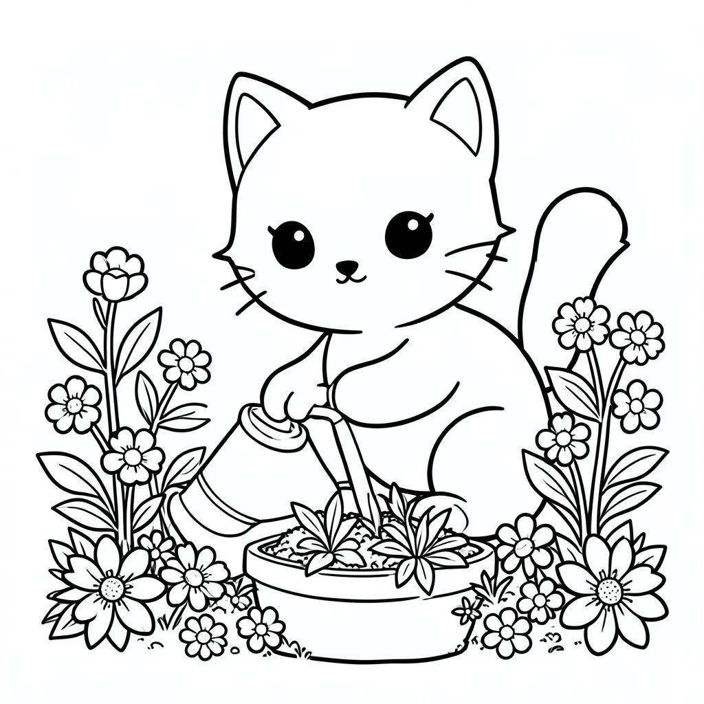 Kawaii cat gardening, watering plants, flowers around, vector style, black and white, coloring book page, no shading, thick clean outlines, white background