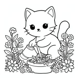 Kawaii cat gardening, watering plants, flowers around, vector style, black and white, coloring book page, no shading, thick clean outlines, white background