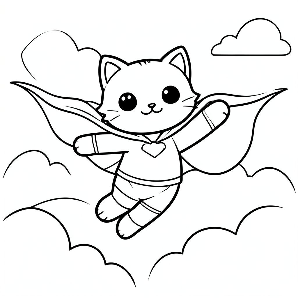 Cat superhero flying in the sky, cape waving, kawaii style, vector style, black and white, coloring book page, no shading, thick clean outlines, white background