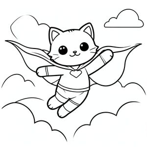 Cat superhero flying in the sky, cape waving, kawaii style, vector style, black and white, coloring book page, no shading, thick clean outlines, white background