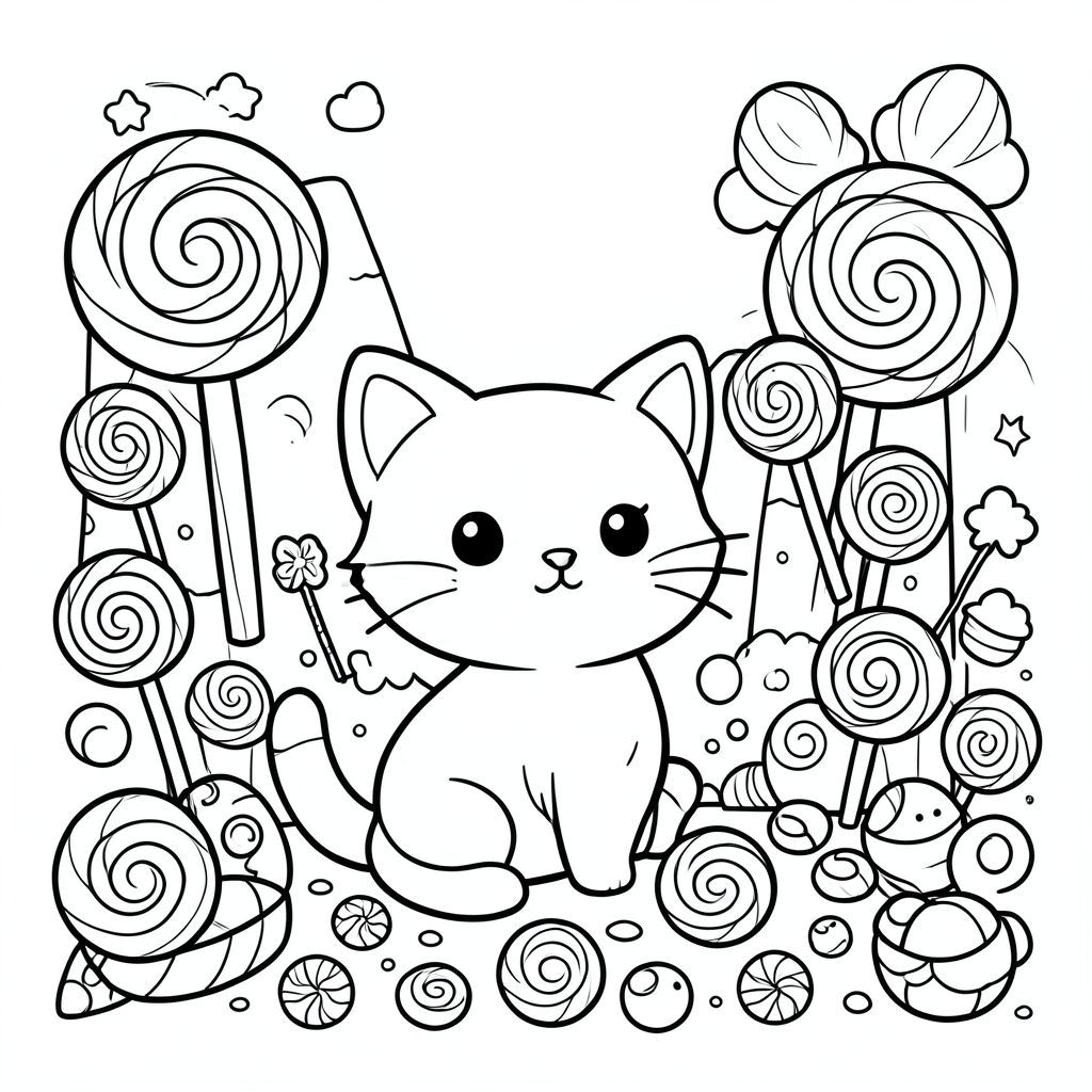 Cute cat visiting a candy land, lollipops and sweets everywhere, kawaii style, vector style, black and white, coloring book page, no shading, thick clean outlines, white background