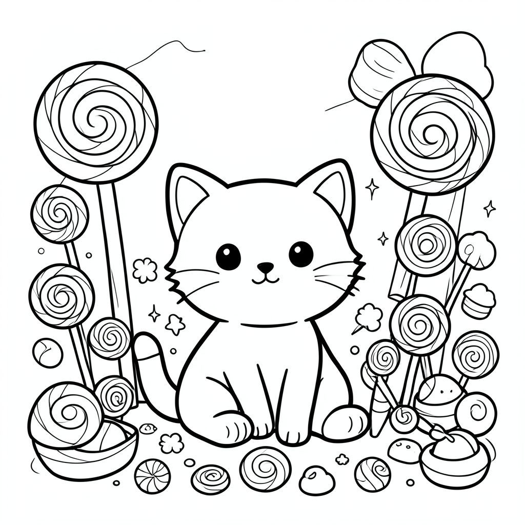 Cute cat visiting a candy land, lollipops and sweets everywhere,sitting, kawaii style, vector style, black and white, coloring book page, no shading, thick clean outlines, white background