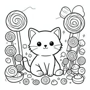 Cute cat visiting a candy land, lollipops and sweets everywhere,sitting, kawaii style, vector style, black and white, coloring book page, no shading, thick clean outlines, white background