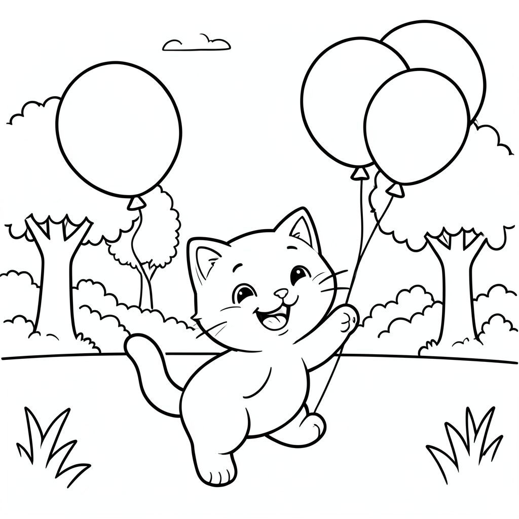 Cat playing with balloons in the park, happy expression, vector style, black and white, coloring book page, no shading, thick clean outlines, white background