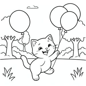 Cat playing with balloons in the park, happy expression, vector style, black and white, coloring book page, no shading, thick clean outlines, white background