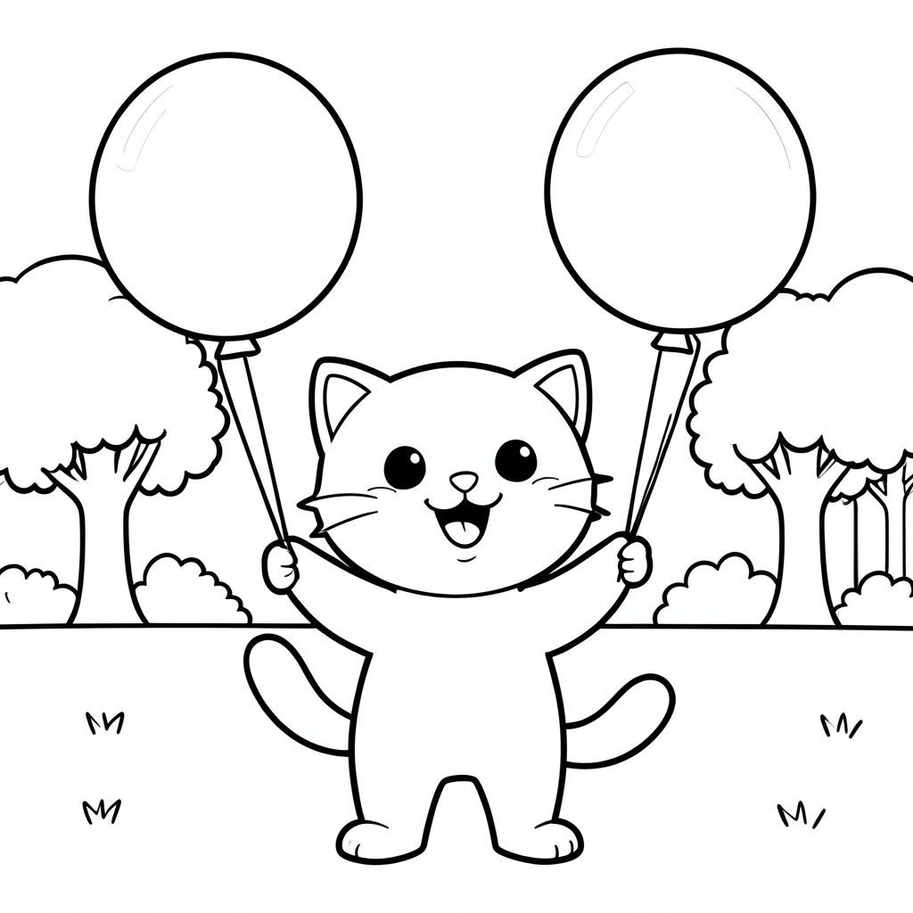 Cat holding with both of her hands balloons in the park, happy expression, vector style, black and white, coloring book page, no shading, thick clean outlines, white background