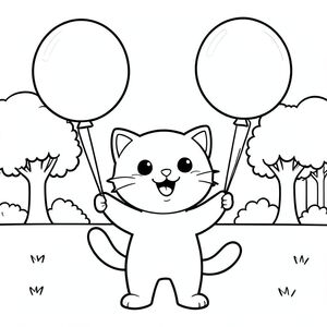 Cat holding with both of her hands balloons in the park, happy expression, vector style, black and white, coloring book page, no shading, thick clean outlines, white background