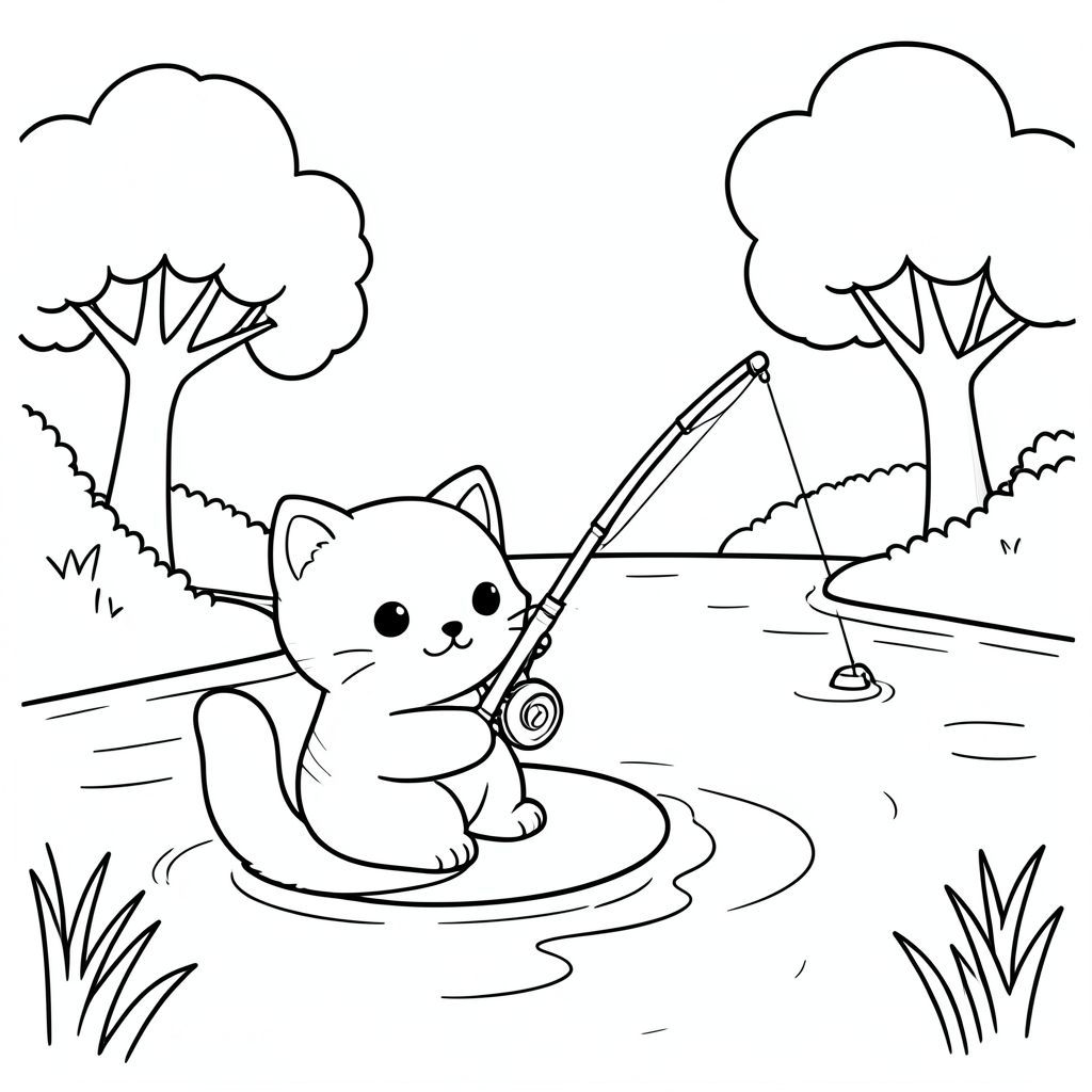 Kawaii cat fishing by a lake, simple water and trees, vector style, black and white, coloring book page, no shading, thick clean outlines, white background
