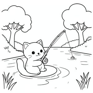 Kawaii cat fishing by a lake, simple water and trees, vector style, black and white, coloring book page, no shading, thick clean outlines, white background
