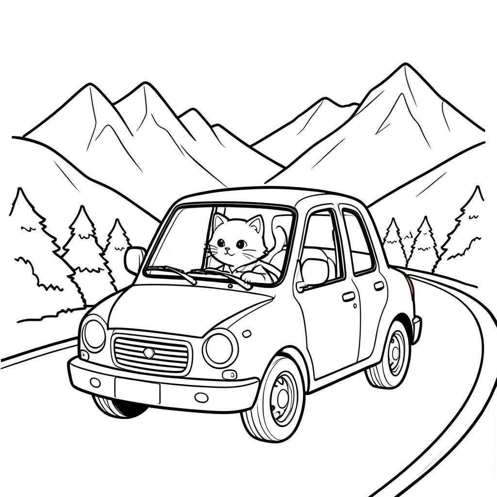 Cat traveling in a small car, road trip, mountains in background, vector style, black and white, coloring book page, no shading, thick clean outlines, white background