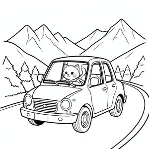 Cat traveling in a small car, road trip, mountains in background, vector style, black and white, coloring book page, no shading, thick clean outlines, white background