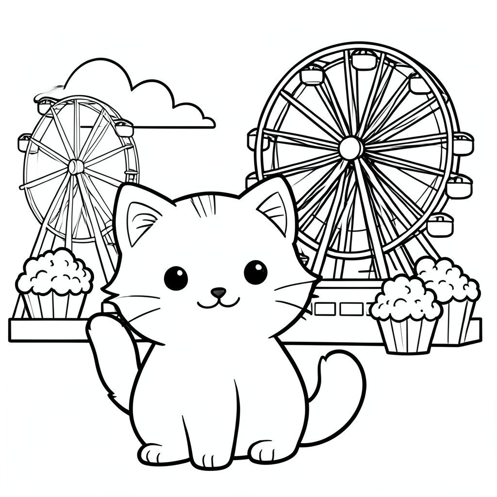 Cute cat at a carnival, ferris wheel and popcorn, vector style, black and white, coloring book page, no shading, thick clean outlines, white background