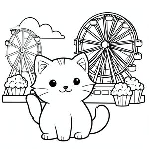 Cute cat at a carnival, ferris wheel and popcorn, vector style, black and white, coloring book page, no shading, thick clean outlines, white background