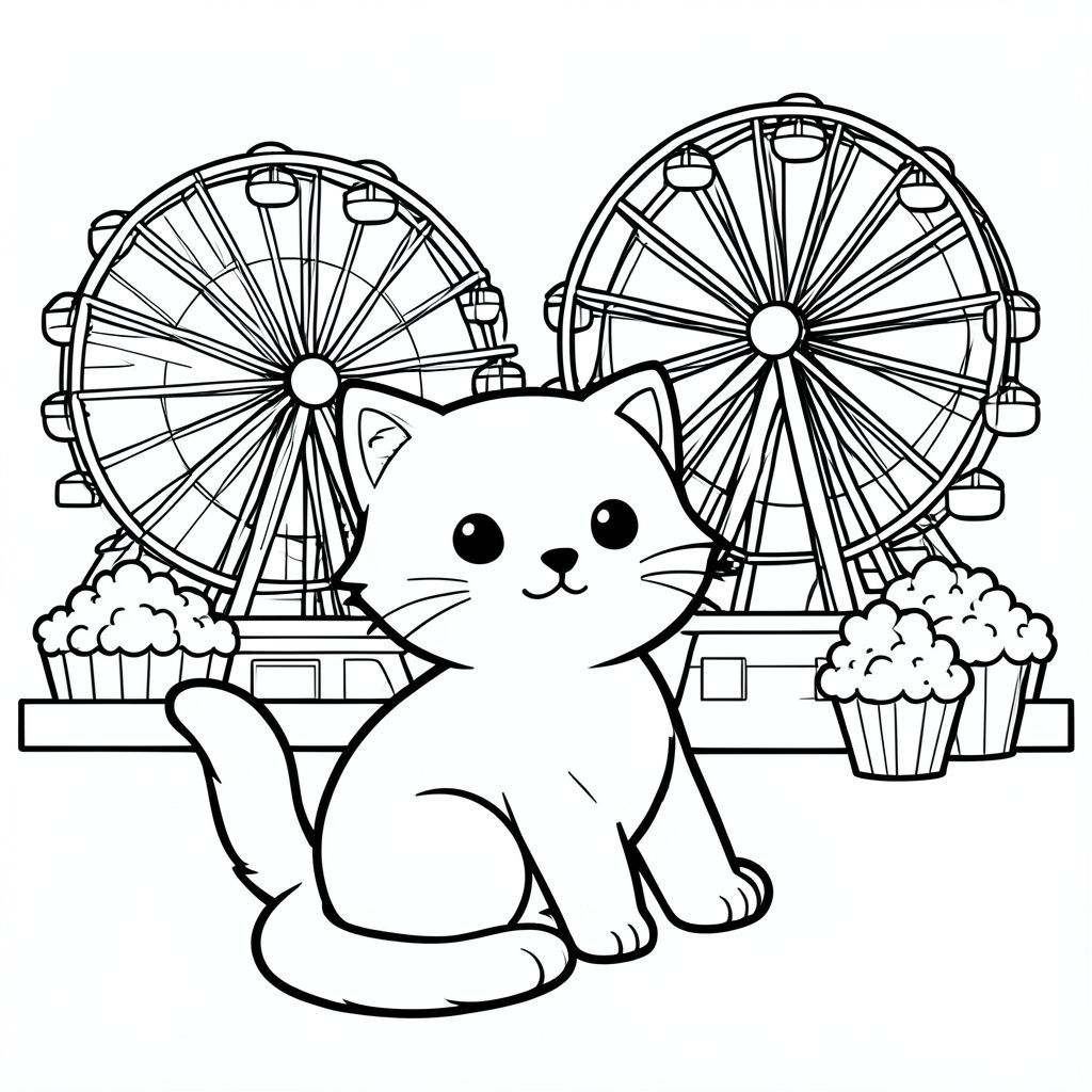 Cute cat sitting at a carnival, ferris wheel and popcorn, vector style, black and white, coloring book page, no shading, thick clean outlines, white background