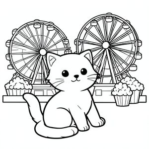 Cute cat sitting at a carnival, ferris wheel and popcorn, vector style, black and white, coloring book page, no shading, thick clean outlines, white background