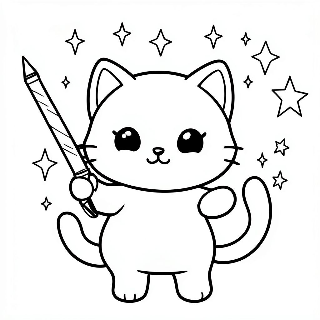 Kawaii cat learning magic, holding a wand, stars and sparkles, vector style, black and white, coloring book page, no shading, thick clean outlines, white background