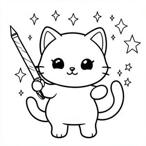 Kawaii cat learning magic, holding a wand, stars and sparkles, vector style, black and white, coloring book page, no shading, thick clean outlines, white background