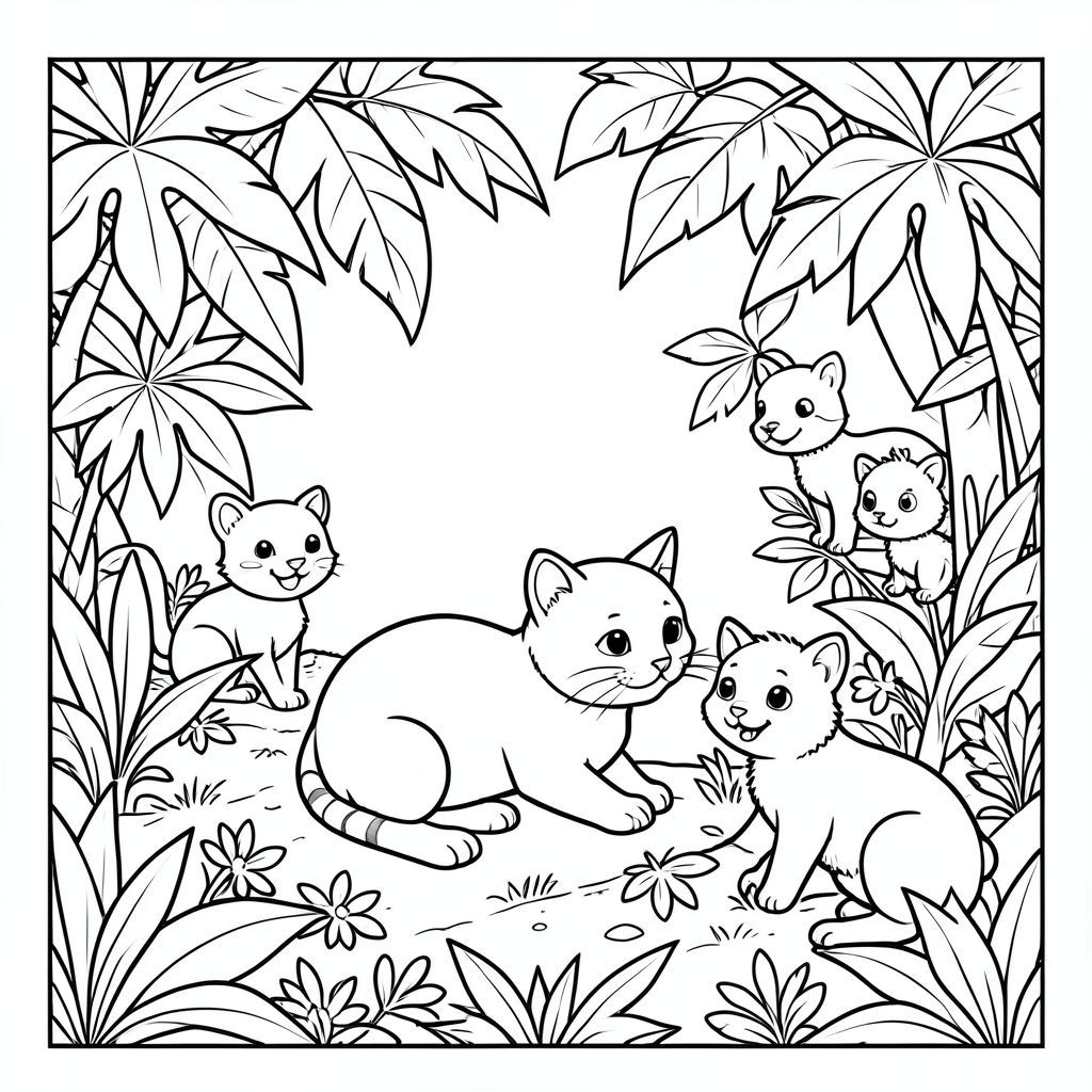 Cat exploring a jungle, friendly animals around, vector style, black and white, coloring book page, no shading, thick clean outlines, white background
