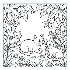 Cat exploring a jungle, friendly animals around, vector style, black and white, coloring book page, no shading, thick clean outlines, white background