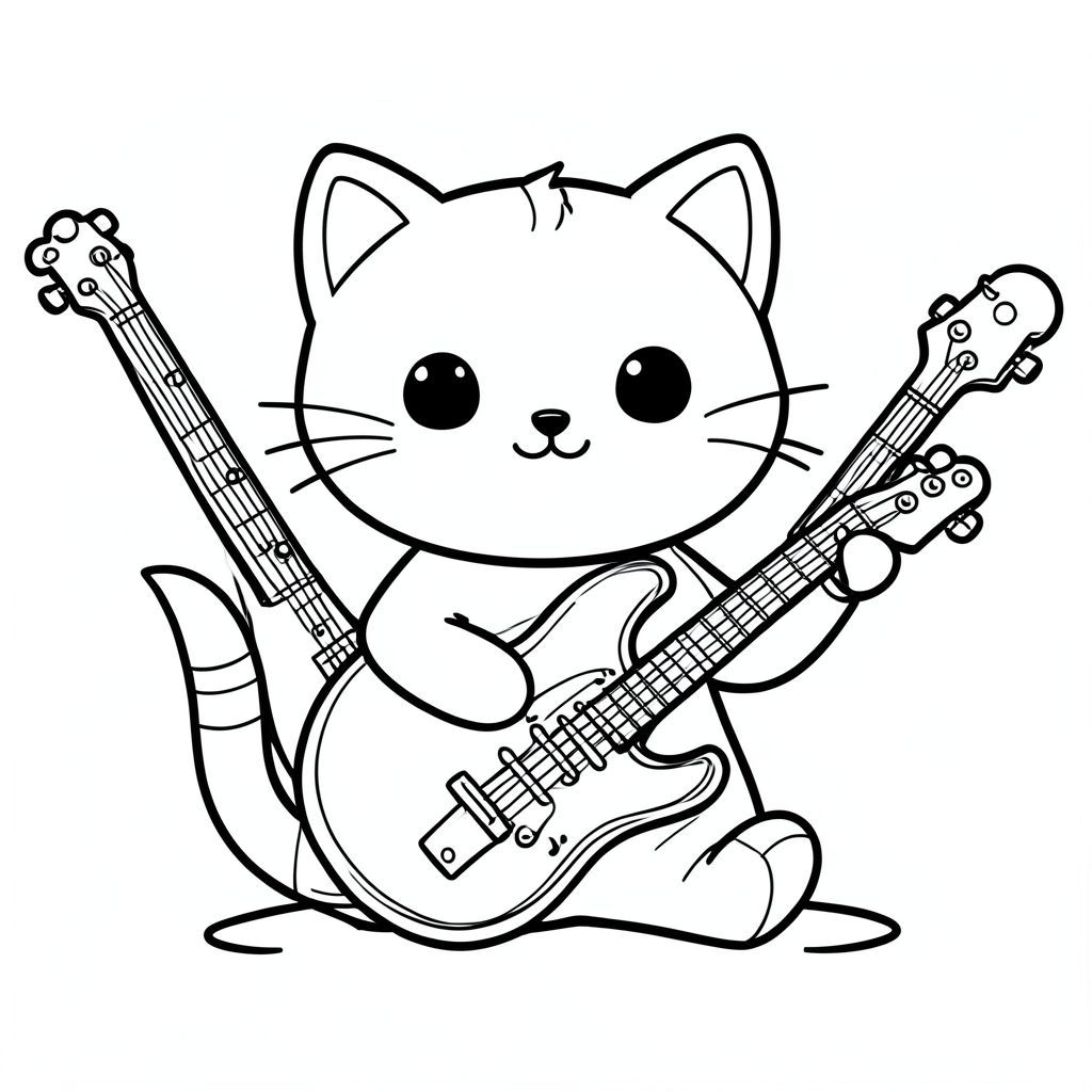 Cute cat playing musical instruments, fun and cheerful scene, kawaii style, vector style, black and white, coloring book page, no shading, thick clean outlines, white background