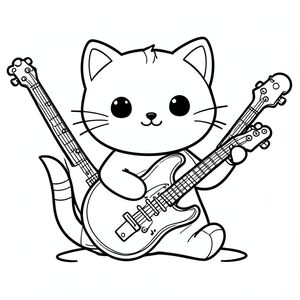 Cute cat playing musical instruments, fun and cheerful scene, kawaii style, vector style, black and white, coloring book page, no shading, thick clean outlines, white background