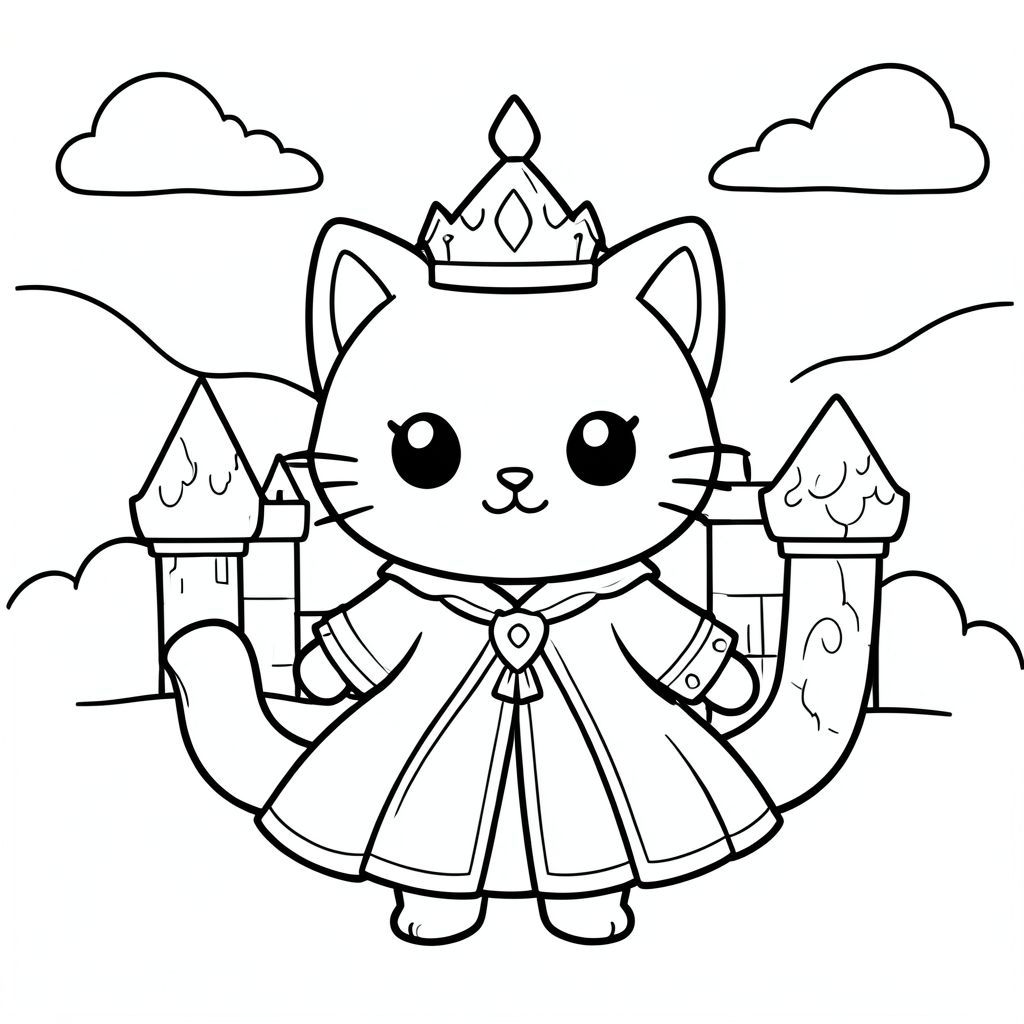 Kawaii cat in a castle dressed as a prince or princess, simple background, vector style, black and white, coloring book page, no shading, thick clean outlines, white background