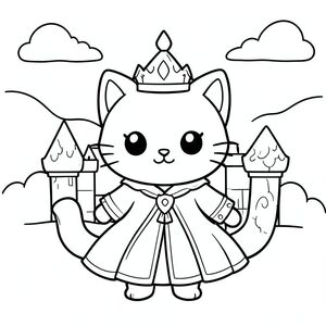 Kawaii cat in a castle dressed as a prince or princess, simple background, vector style, black and white, coloring book page, no shading, thick clean outlines, white background
