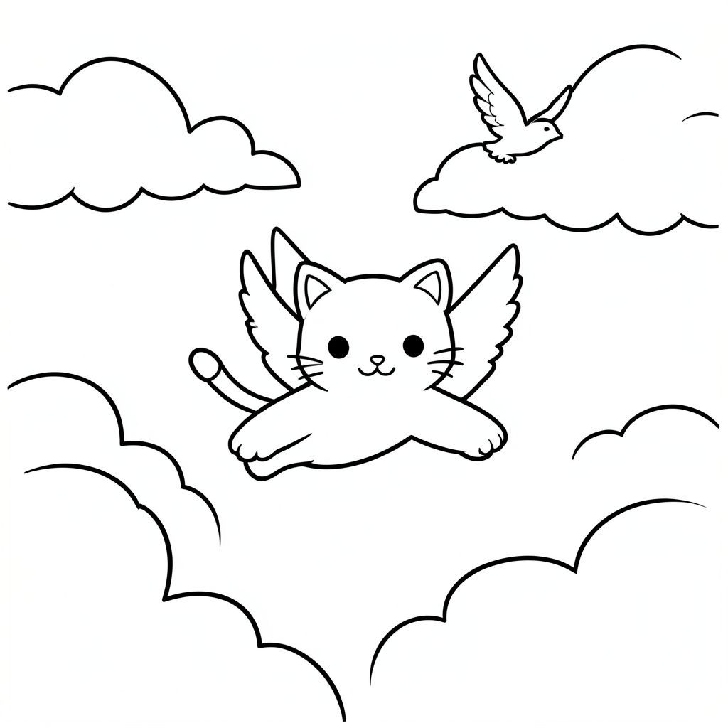 Cat flying with birds in the sky, clouds, minimal details, vector style, black and white, coloring book page, no shading, thick clean outlines, white background