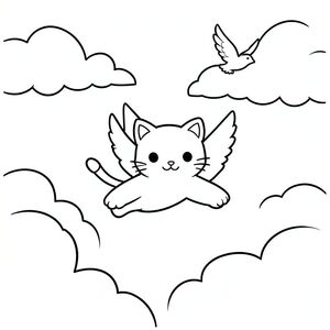 Cat flying with birds in the sky, clouds, minimal details, vector style, black and white, coloring book page, no shading, thick clean outlines, white background