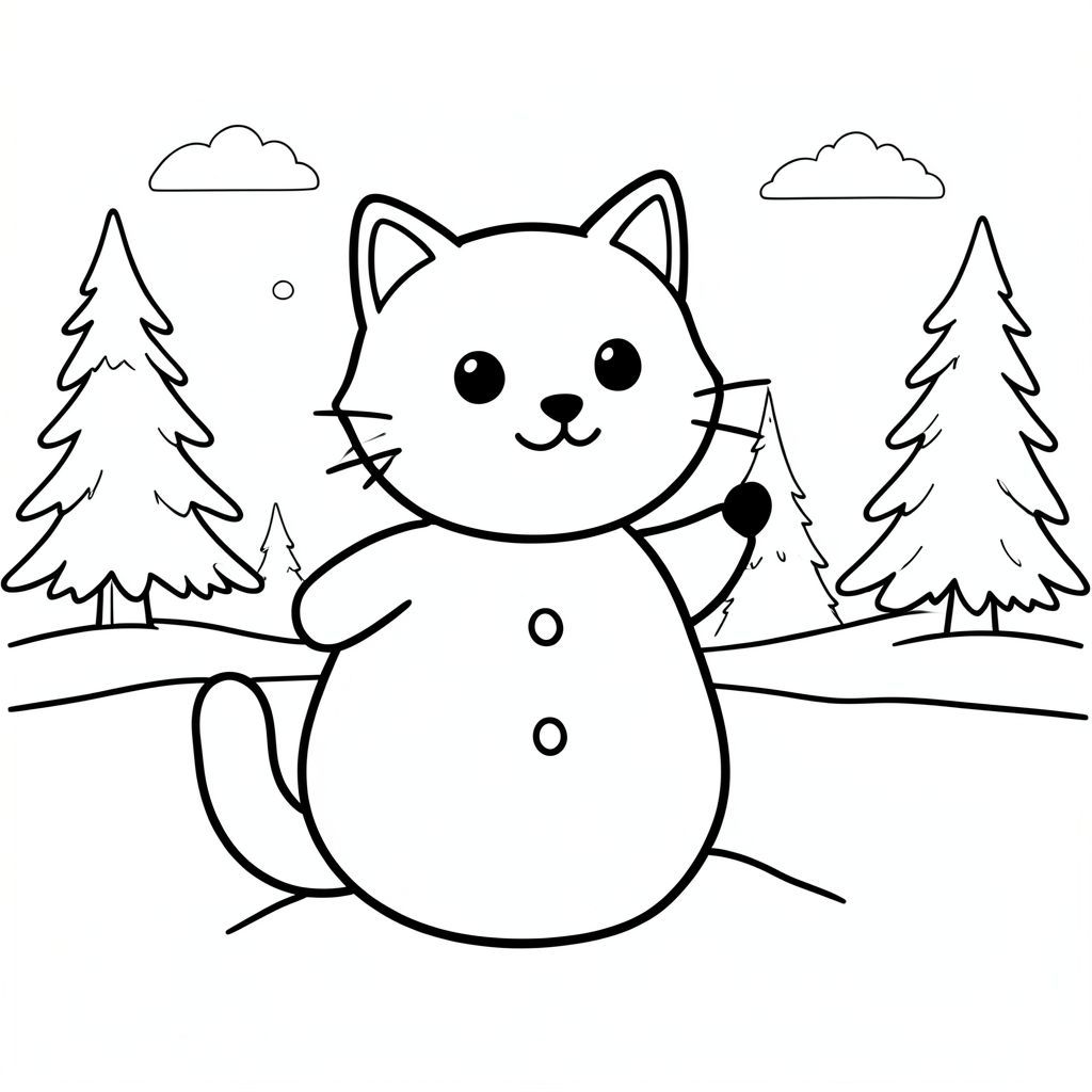 Cute cat making a snowman, winter scene, vector style, black and white, coloring book page, no shading, thick clean outlines, white background
