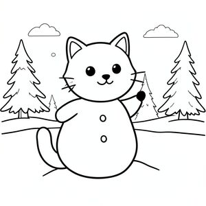 Cute cat making a snowman, winter scene, vector style, black and white, coloring book page, no shading, thick clean outlines, white background