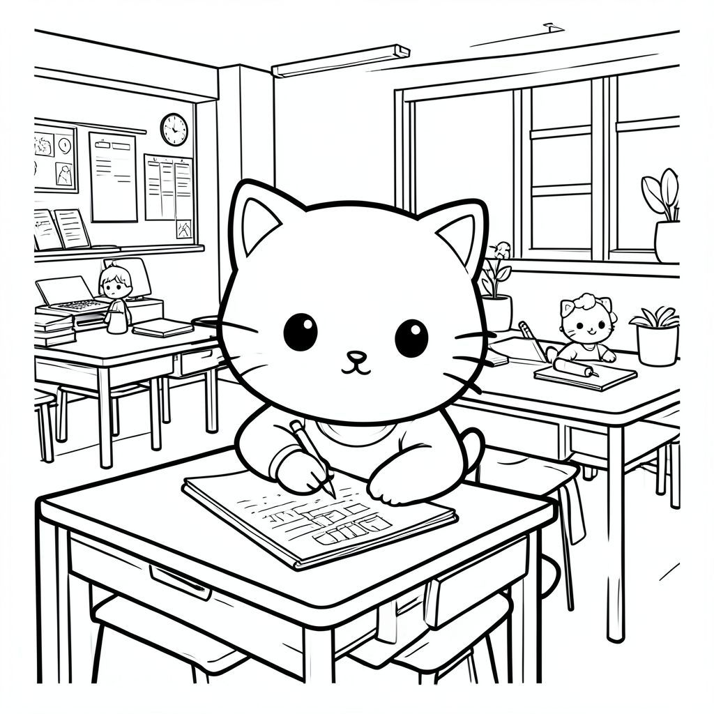Kawaii cat at school, writing and drawing, simple classroom scene, vector style, black and white, coloring book page, no shading, thick clean outlines, white background