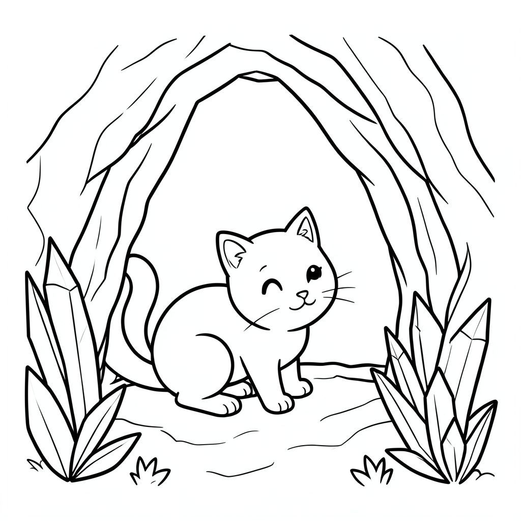 Cat exploring a cave with crystals, cute and not scary, vector style, black and white, coloring book page, no shading, thick clean outlines, white background