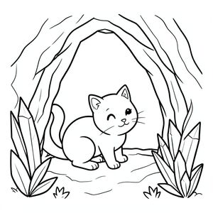 Cat exploring a cave with crystals, cute and not scary, vector style, black and white, coloring book page, no shading, thick clean outlines, white background