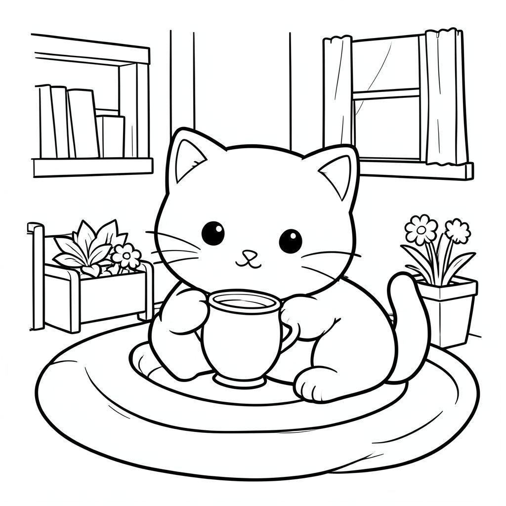 Kawaii cat relaxing at home drinking tea, cozy scene, vector style, black and white, coloring book page, no shading, thick clean outlines, white background
