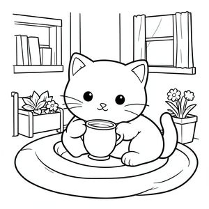 Kawaii cat relaxing at home drinking tea, cozy scene, vector style, black and white, coloring book page, no shading, thick clean outlines, white background