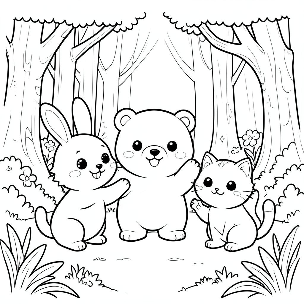 Cute kawaii bunny, bear, and cat meeting for the first time in a magical forest, smiling and waving, vector style, black and white, coloring book page, no shading, thick clean outlines, white background