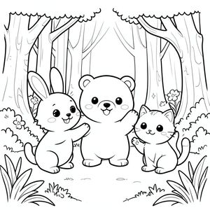 Cute kawaii bunny, bear, and cat meeting for the first time in a magical forest, smiling and waving, vector style, black and white, coloring book page, no shading, thick clean outlines, white background